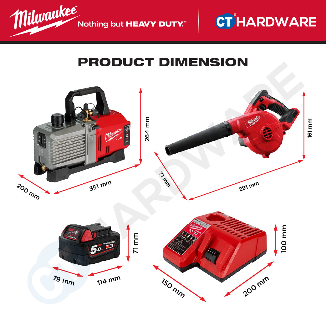 Milwaukee M18 AIR-COND MAINTENANCE KIT Combo, M18 FVP5-0 5CFM Vacuum Pump, M18 BBL-0 Compact Blower Come With 1x M18 B5 5.0Ah Battery and Charger