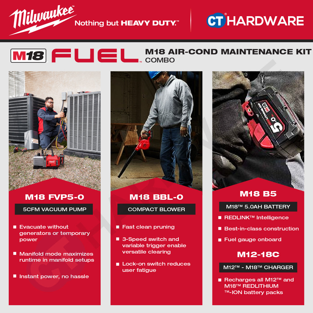 Milwaukee M18 AIR-COND MAINTENANCE KIT Combo, M18 FVP5-0 5CFM Vacuum Pump, M18 BBL-0 Compact Blower Come With 1x M18 B5 5.0Ah Battery and Charger