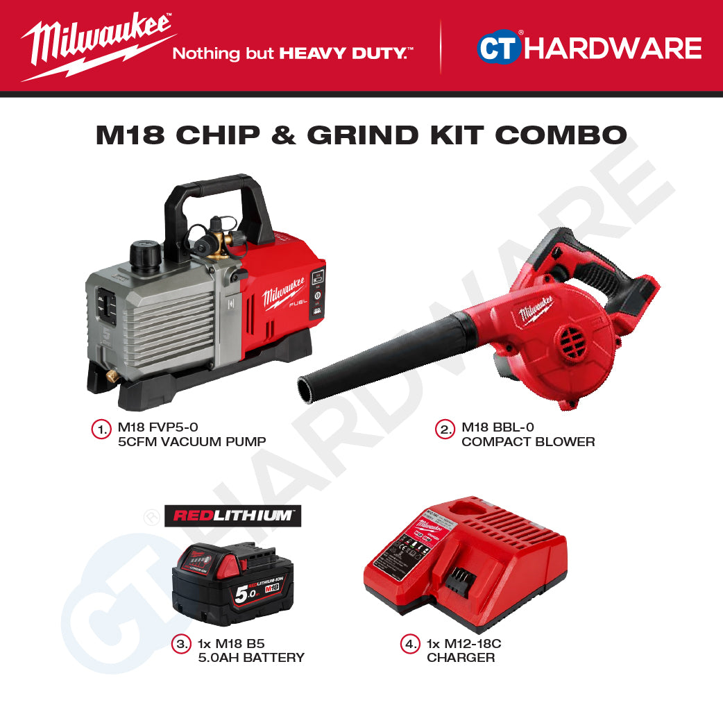 Milwaukee M18 AIR-COND MAINTENANCE KIT Combo, M18 FVP5-0 5CFM Vacuum Pump, M18 BBL-0 Compact Blower Come With 1x M18 B5 5.0Ah Battery and Charger