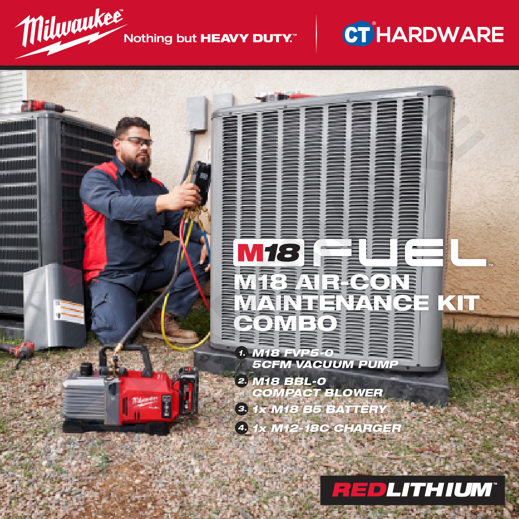 Milwaukee M18 AIR-COND MAINTENANCE KIT Combo, M18 FVP5-0 5CFM Vacuum Pump, M18 BBL-0 Compact Blower Come With 1x M18 B5 5.0Ah Battery and Charger