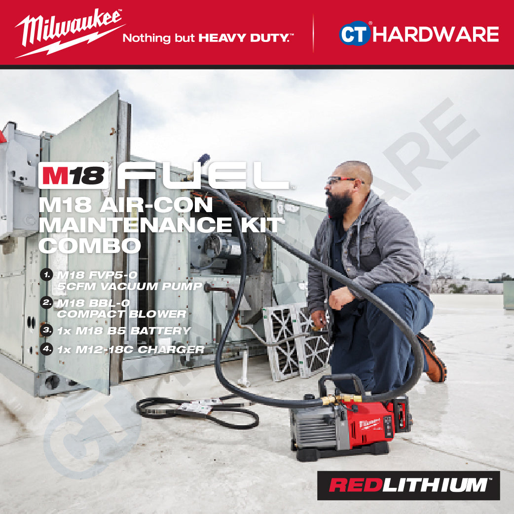 Milwaukee M18 AIR-COND MAINTENANCE KIT Combo, M18 FVP5-0 5CFM Vacuum Pump, M18 BBL-0 Compact Blower Come With 1x M18 B5 5.0Ah Battery and Charger
