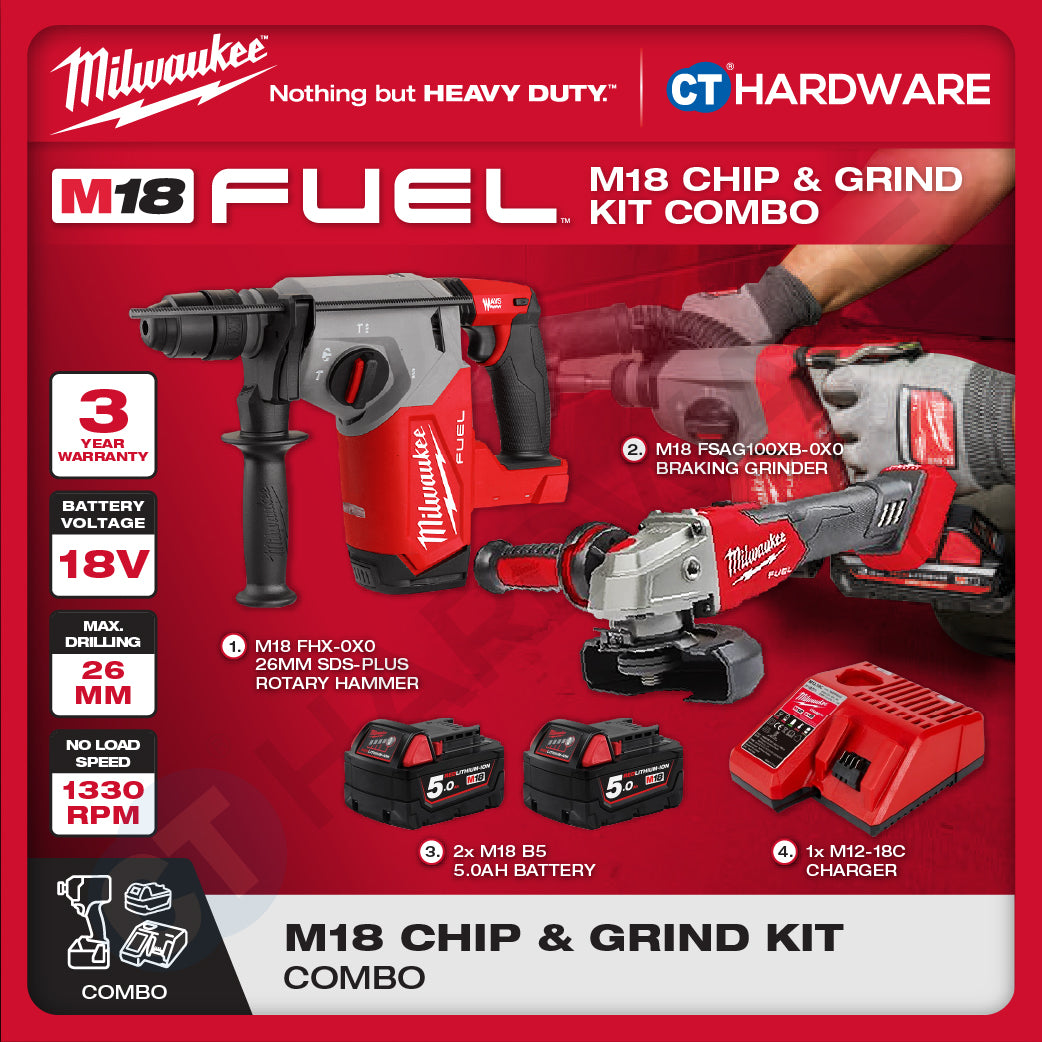 Milwaukee M18 CHIP & GRIND KIT Combo, M18 FHX-0X0 26MM SDS-Plus Rotary Hammer, M18 FSAG100XB-0X0 Braking Grinder