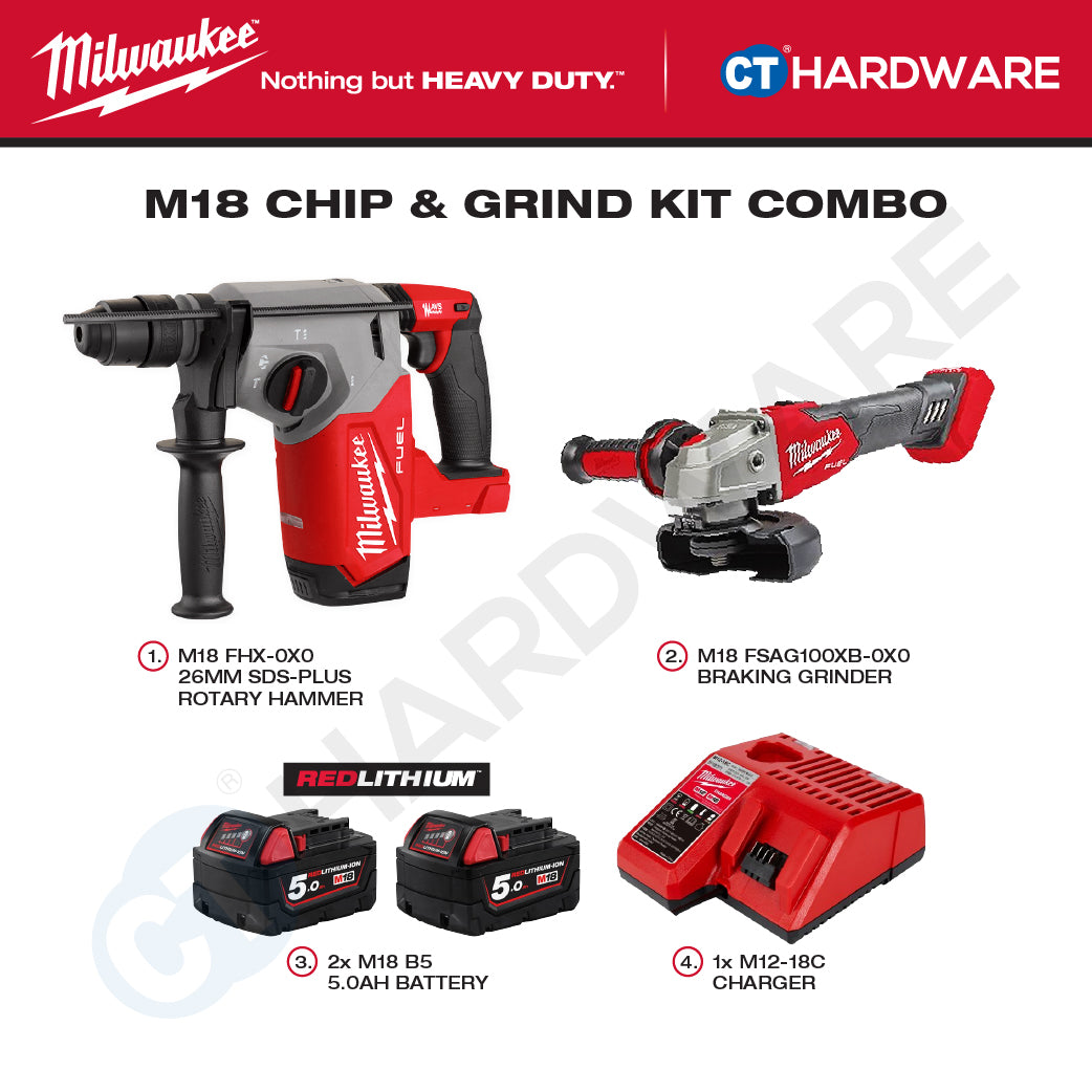 Milwaukee M18 CHIP & GRIND KIT Combo, M18 FHX-0X0 26MM SDS-Plus Rotary Hammer, M18 FSAG100XB-0X0 Braking Grinder