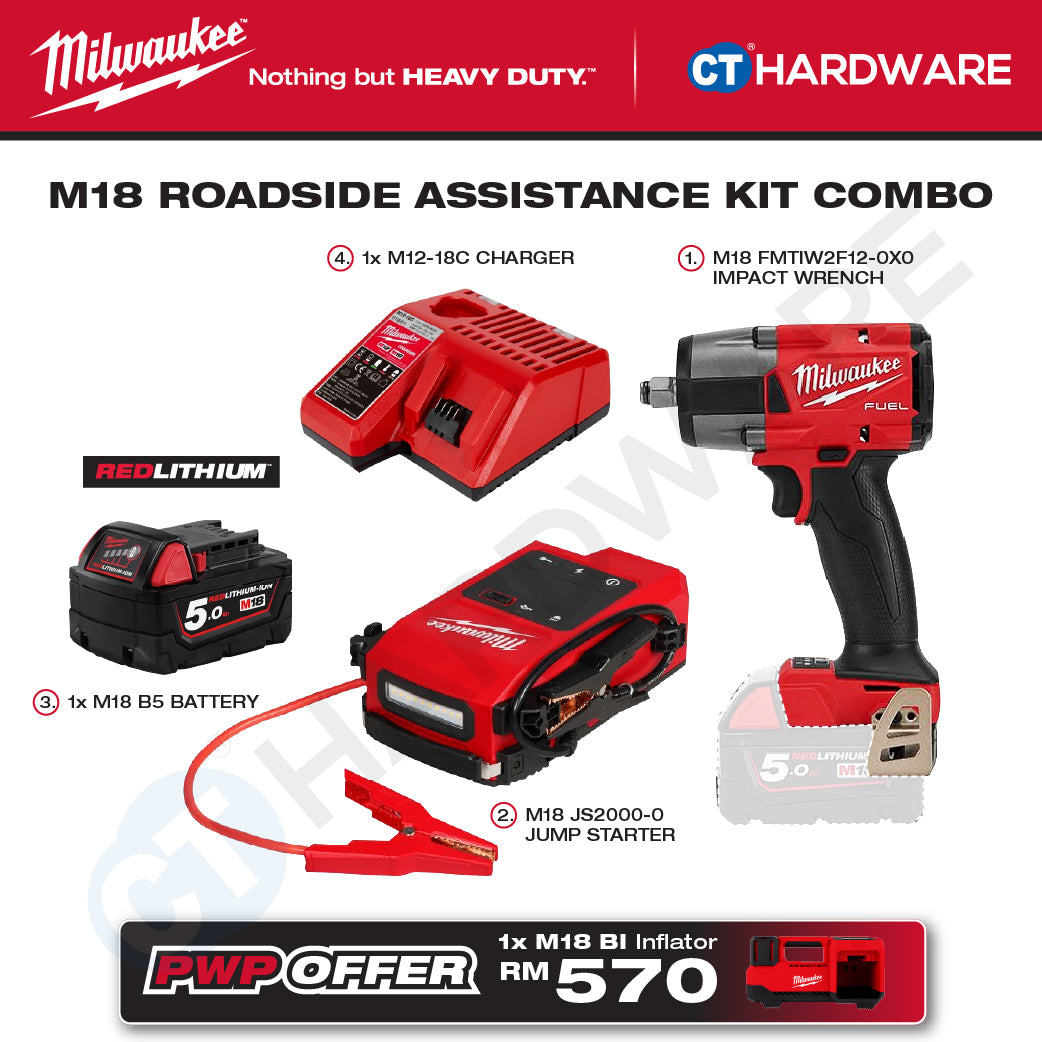 Milwaukee M18 ROADSIDE ASSISTANCE KIT Combo, M18™ FUEL™ Mid Torque Impact Wrench, M18™ Jump Starter, 1x 5.0Ah Battery & Charger