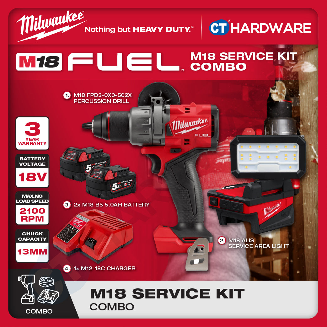 Milwaukee M18 SERVICE KIT Combo, M18 FPD3-0X0-502X Percussion Drill, M18 ALIS Area Light, 2x5.0Ah Battery and Charger