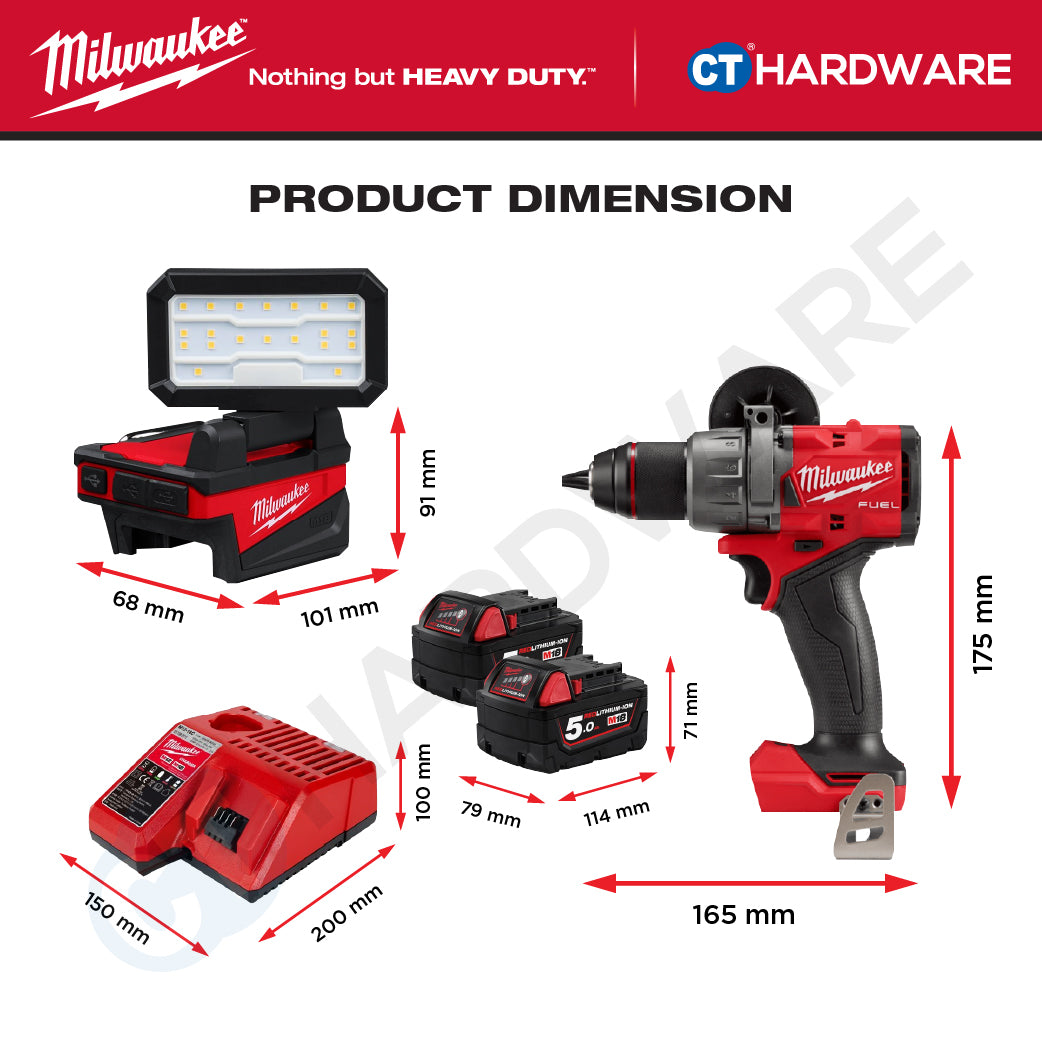 Milwaukee M18 SERVICE KIT Combo, M18 FPD3-0X0-502X Percussion Drill, M18 ALIS Area Light, 2x5.0Ah Battery and Charger