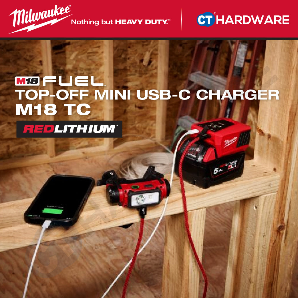 Milwaukee M18 TC, Top-Off Mini USB-C Charger With FREE 1x M18 5.0Ah M18 B5 Battery | BARE UNIT