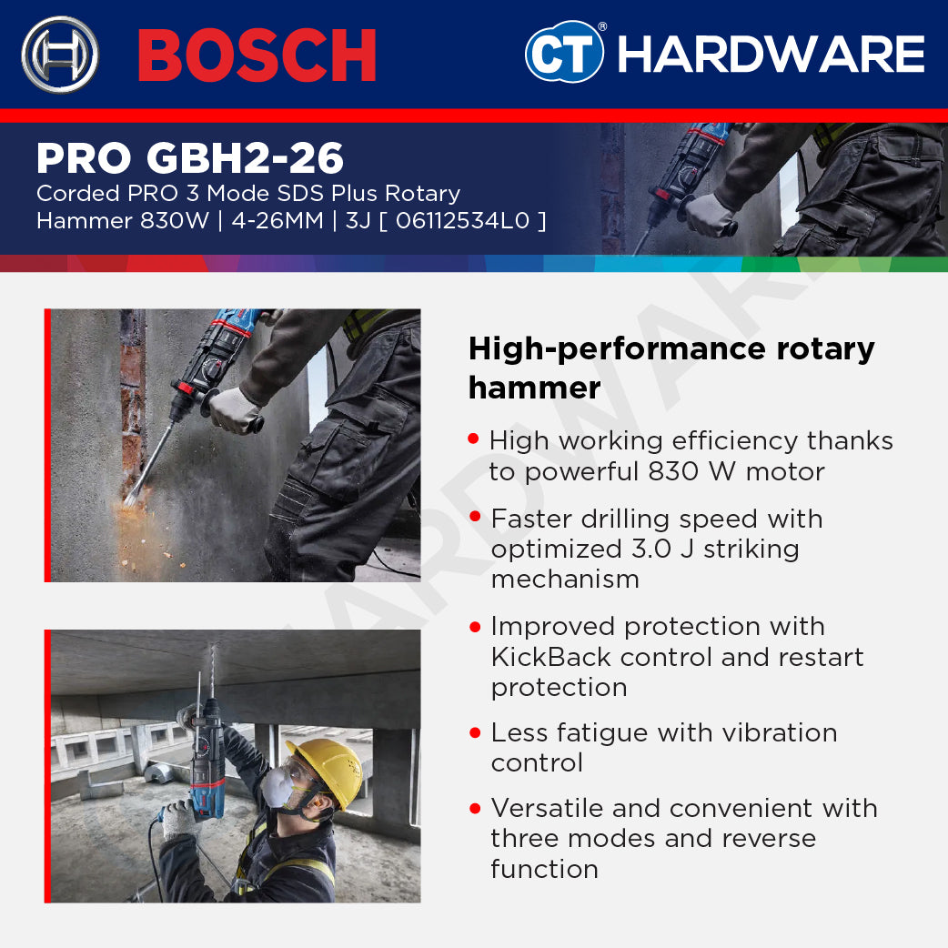 Bosch PRO GBH2-26 3 Mode SDS Plus Rotary Hammer, 830W, 4-26MM, 3J, 06112534L0, GBH226, Tukul Pemecah Konkrit