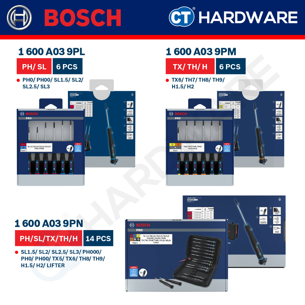 Bosch PRO Precision Screwdriver Set Series, 1600A039PL (6PCS), 1600A039PM (6PCS), 1600A039PN (14PCS)