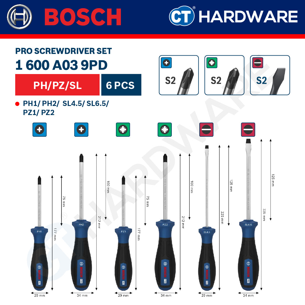 Bosch PRO Screwdriver Set Series 1600A016BF (6PCS), 1600A039PD (6PCS), 1600A039PE (6PCS), 1600A039PF (8PCS)