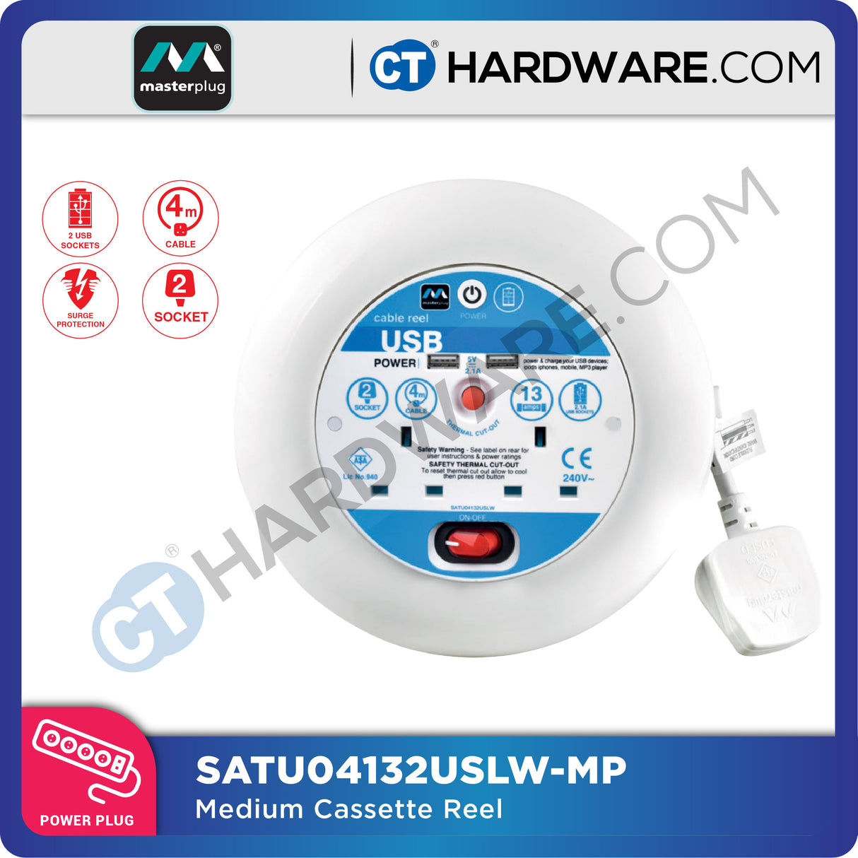 Masterplug Medium Cassette Reel | 4-Socket 13A with 4M Wire