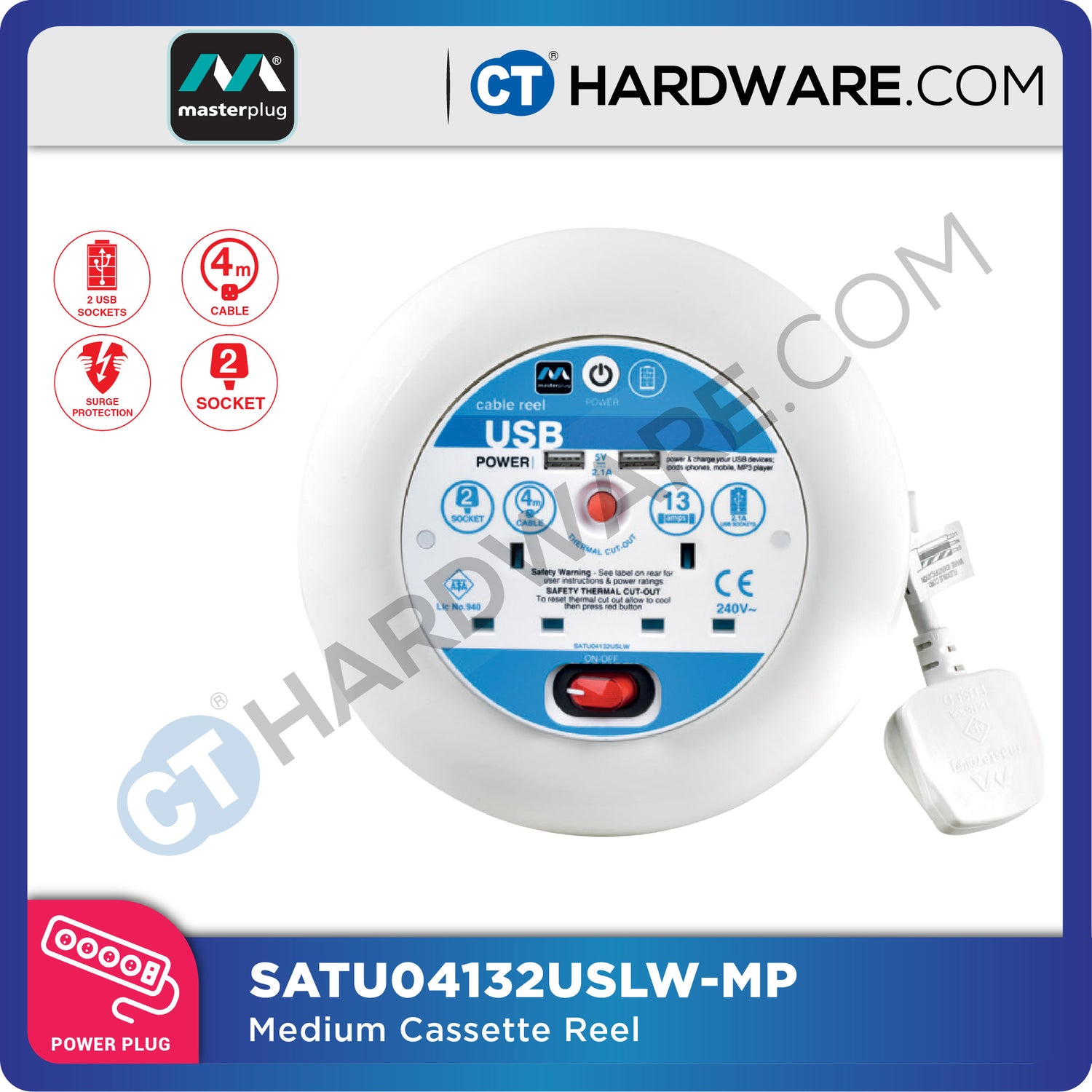 Masterplug Medium Cassette Reel | 4-Socket 13A with 4M Wire