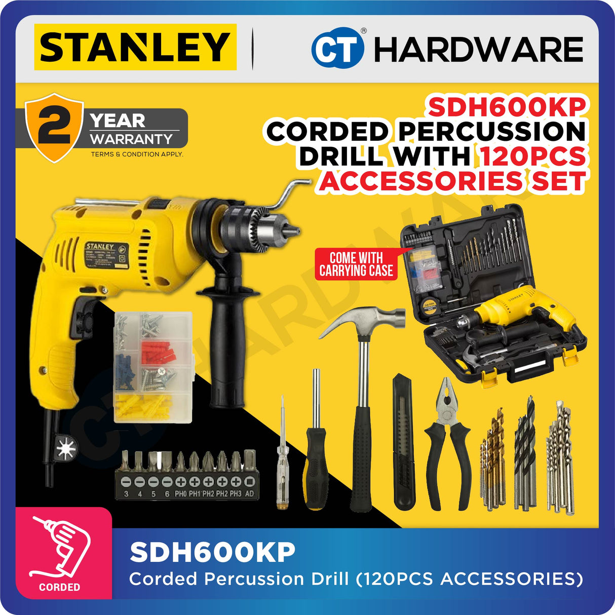 Stanley SDH600KP / SDH600KM Percussion Drill 13mm 600W c/w 120pcs Accessories