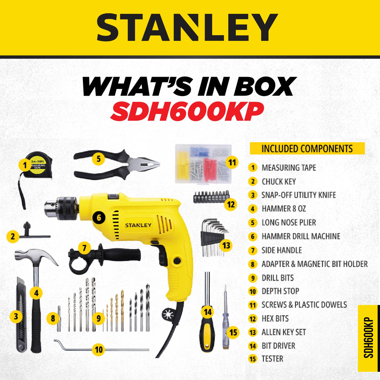 Stanley SDH600KP / SDH600KM Percussion Drill 13mm 600W c/w 120pcs Accessories