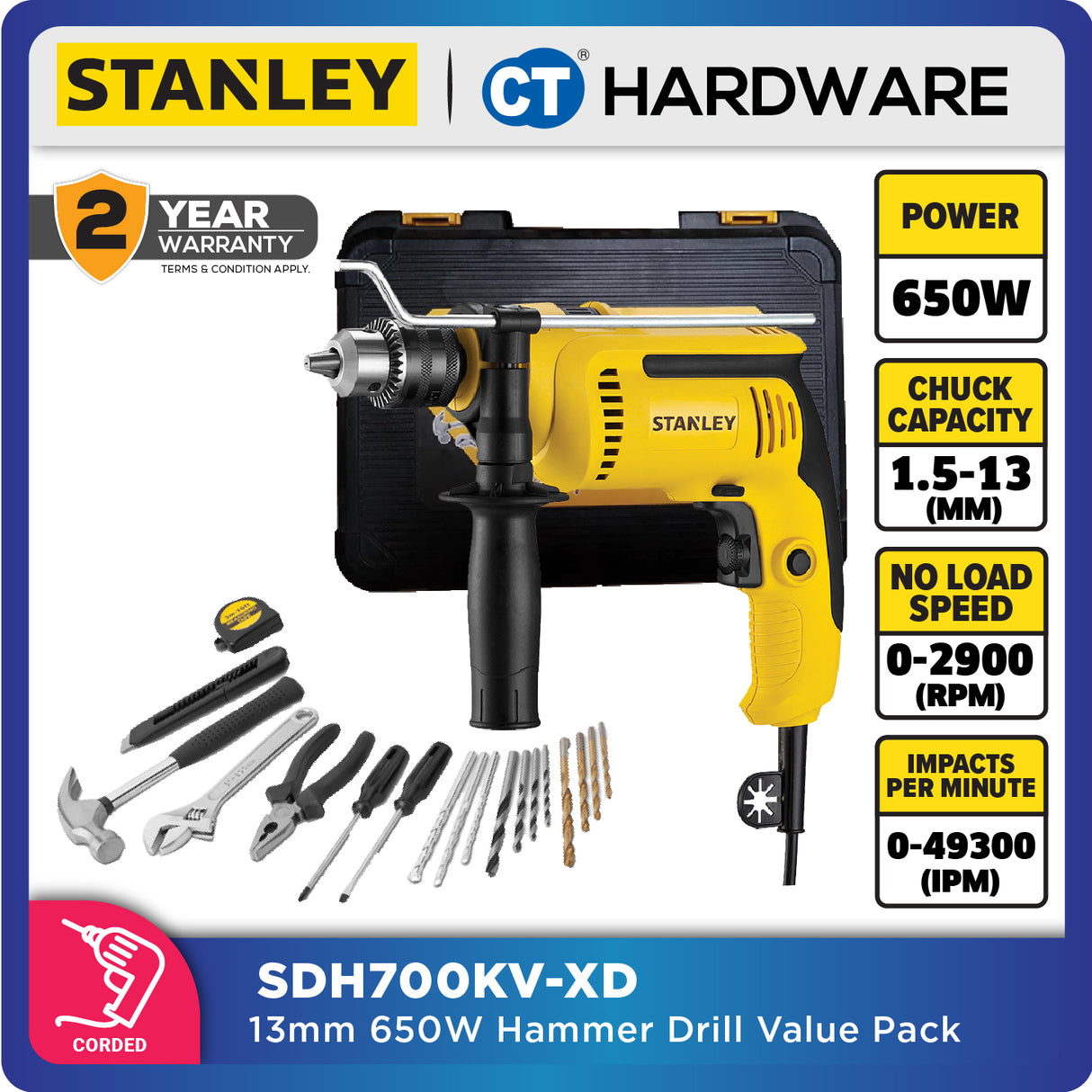 STANLEY SDH700KV CORDED PERCUSSION DRILL WITH ACCESSORIES SET 13MM | 650W