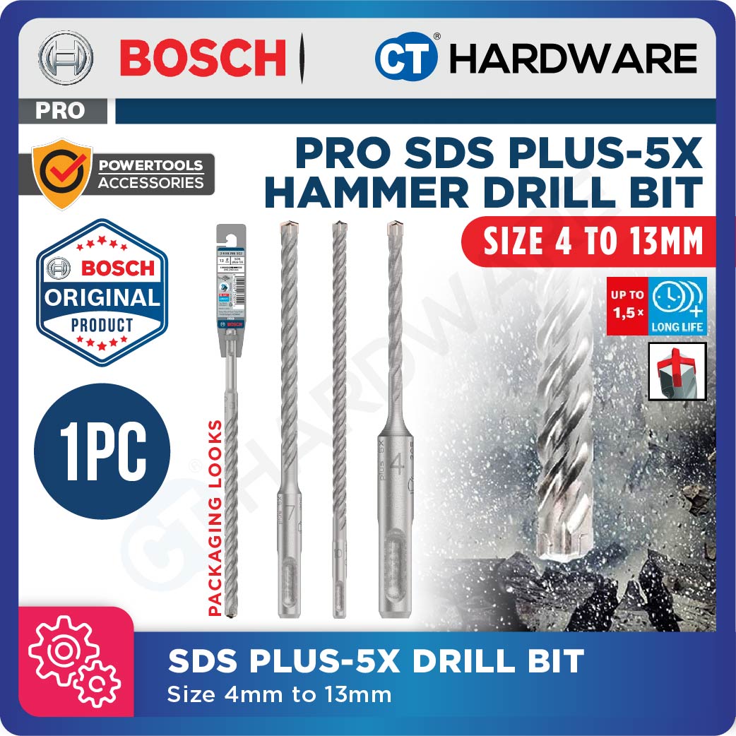 BOSCH PRO SDS Plus-5X Hammer Drill Bit Size 5mm to 13mm for Rotary Hammer Accessories 4 Flutes Concrete Drill Bit - 1PC