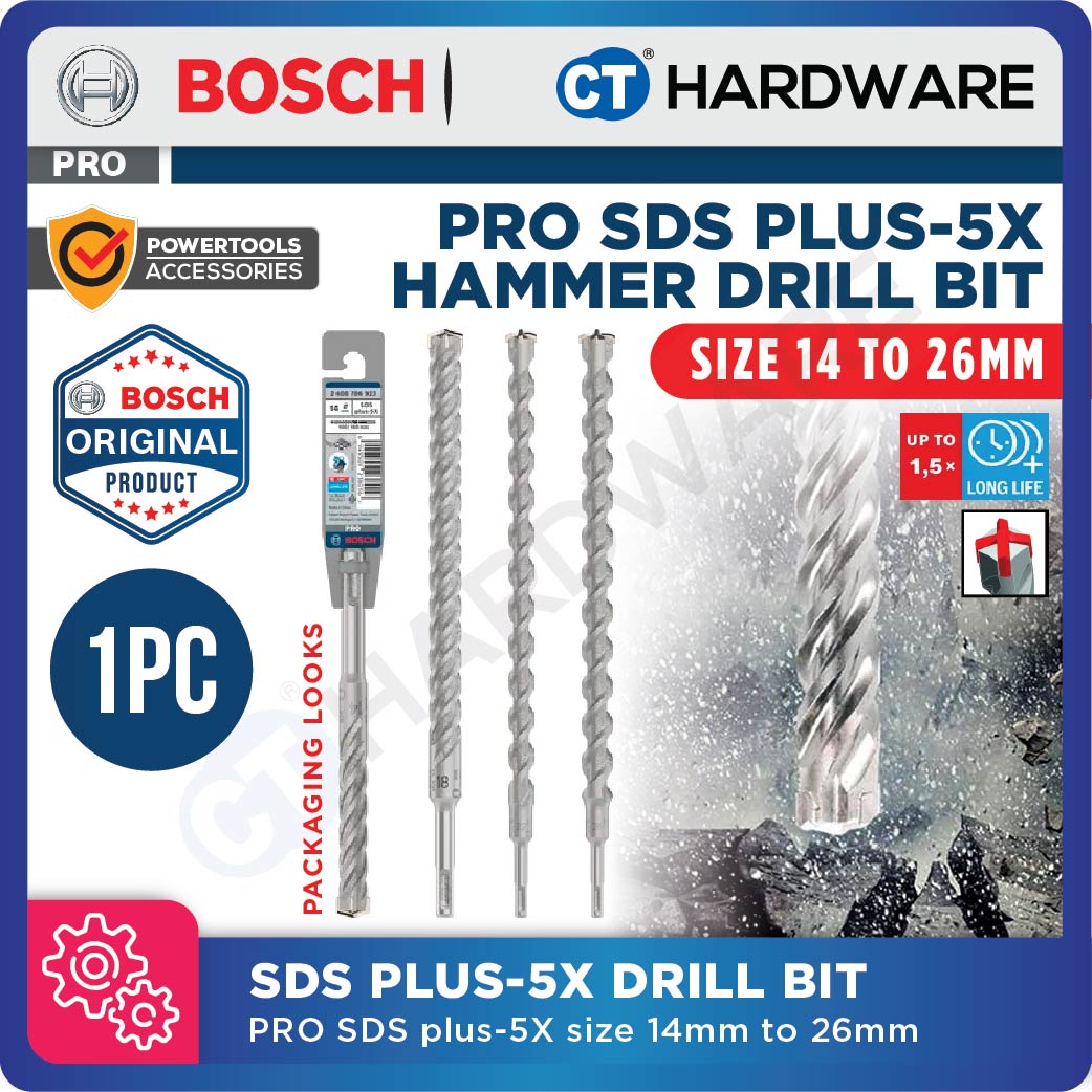 BOSCH PRO SDS Plus-5X Hammer Drill Bit Size 14mm to 26mm for Rotary Hammer Accessories 4 Flutes Concrete Drill Bit- 1PC