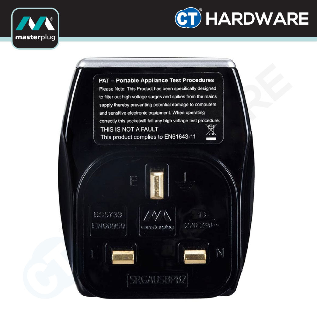 Masterplug SRGAUSBPB3-MP Gloss Black Surge Protected Power Adaptor | 2 USB Ports