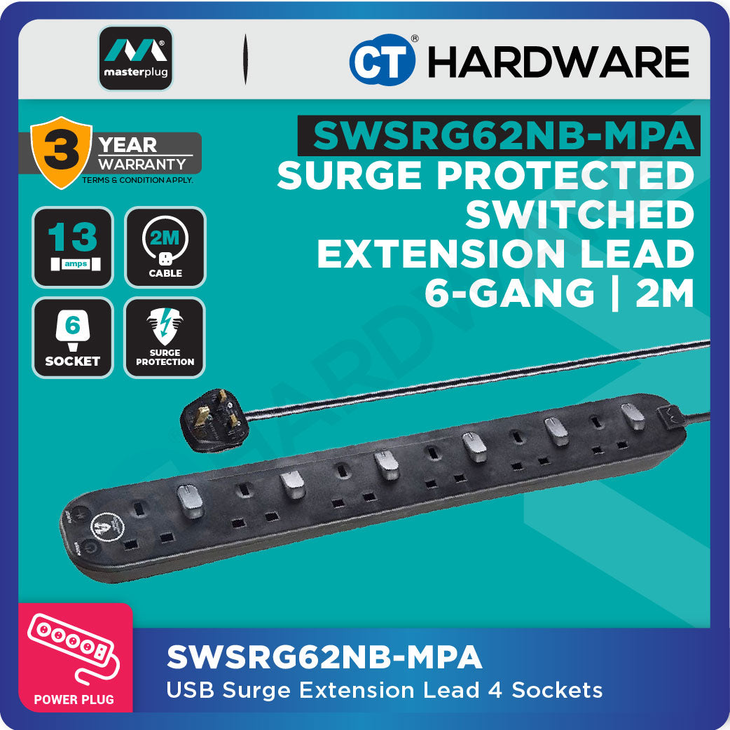 Masterplug SWSRG62NB-MPA Surge Protected Switched Extension Lead 6-Gang | 2m