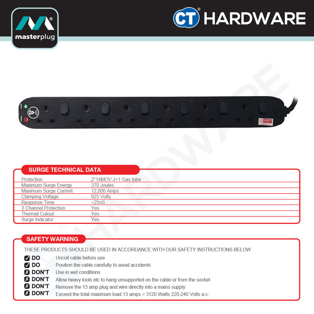Masterplug SWSRG62NB-MPA Surge Protected Switched Extension Lead 6-Gang | 2m