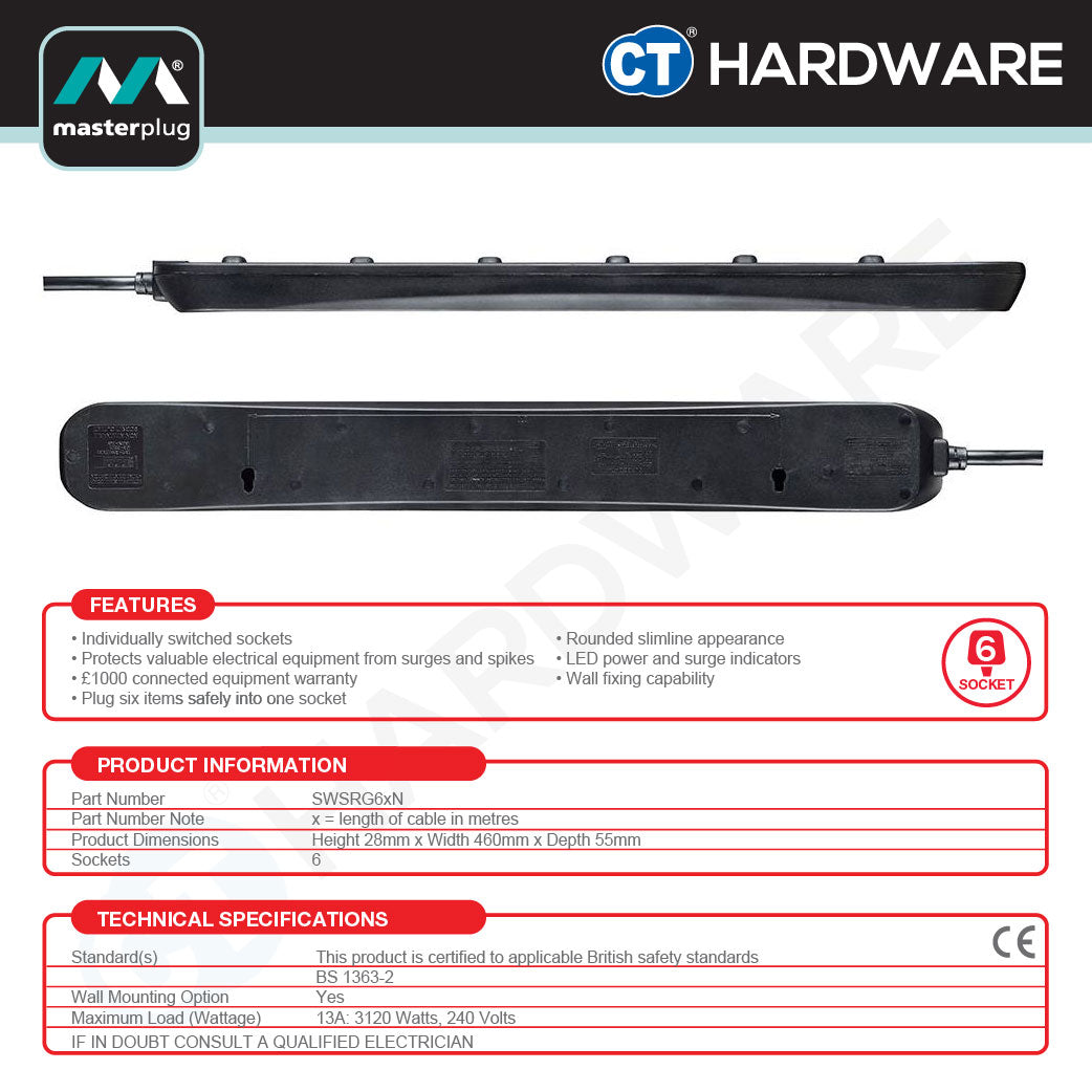 Masterplug SWSRG62NB-MPA Surge Protected Switched Extension Lead 6-Gang | 2m