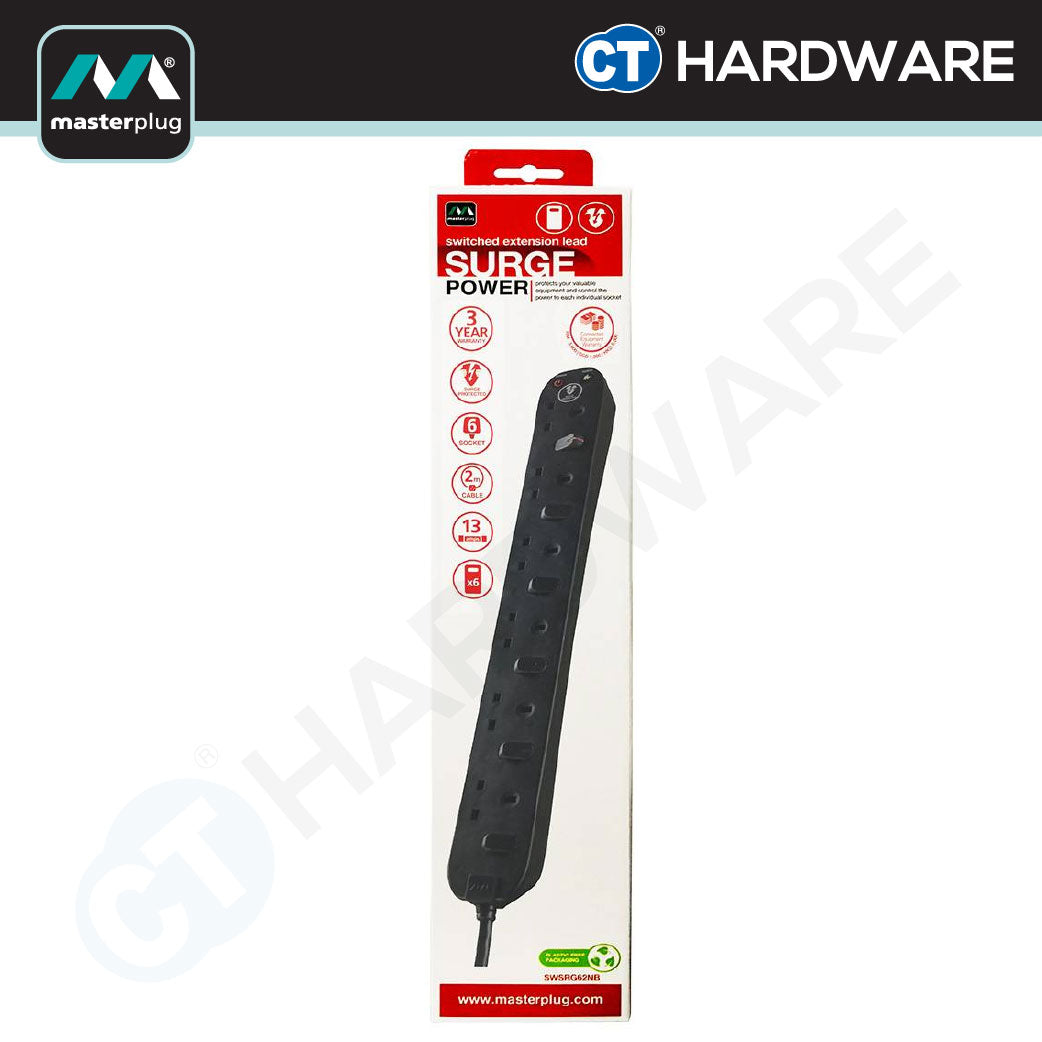Masterplug SWSRG62NB-MPA Surge Protected Switched Extension Lead 6-Gang | 2m