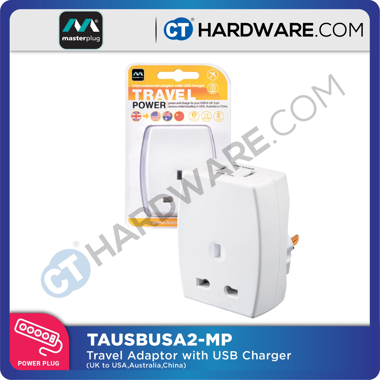 Masterplug TAUSBUSA2MP Travel Adapter 13A USB Charger for USA/China/Australia