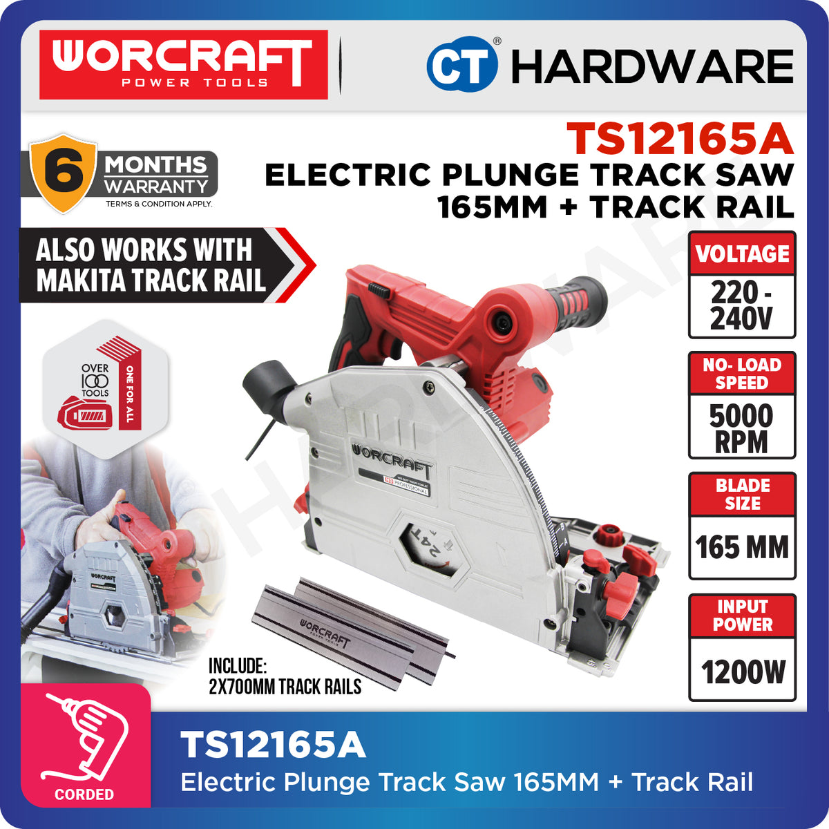 Worcraft TS12-165A Plunge Track Saw 165mm 1200W 5000RPM with Guide Rail