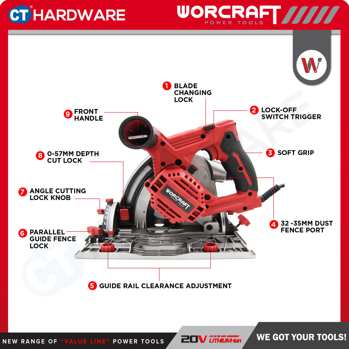 Worcraft TS12-165A Plunge Track Saw 165mm 1200W 5000RPM with Guide Rail