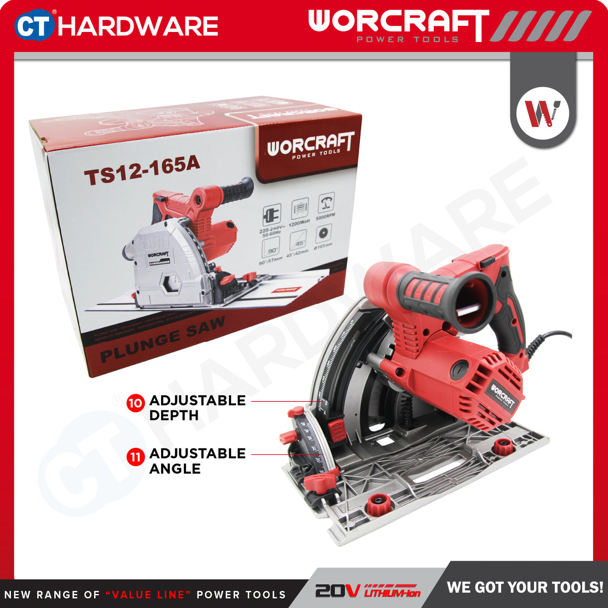 Worcraft TS12-165A Plunge Track Saw 165mm 1200W 5000RPM with Guide Rail