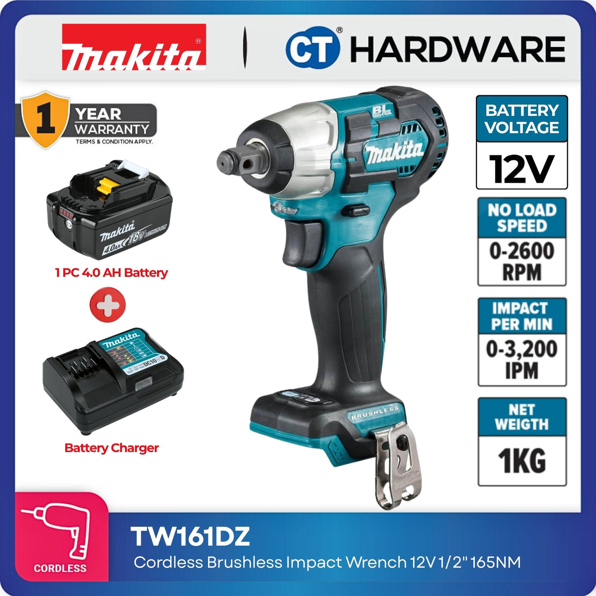 Makita TW161DZ Cordless Brushless Impact Wrench 12V 1/2" DR. 165Nm c/w 4.0Ah Battery and Charger