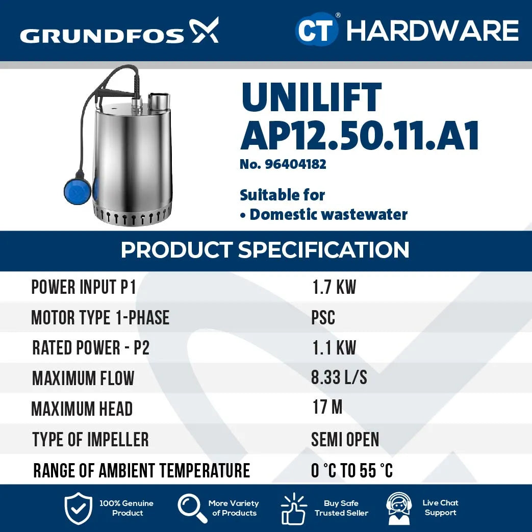 Grundfos UNILIFT AP125011A1 Stainless Steel Submersible Drainage Pump with Float Switch 1.1kW