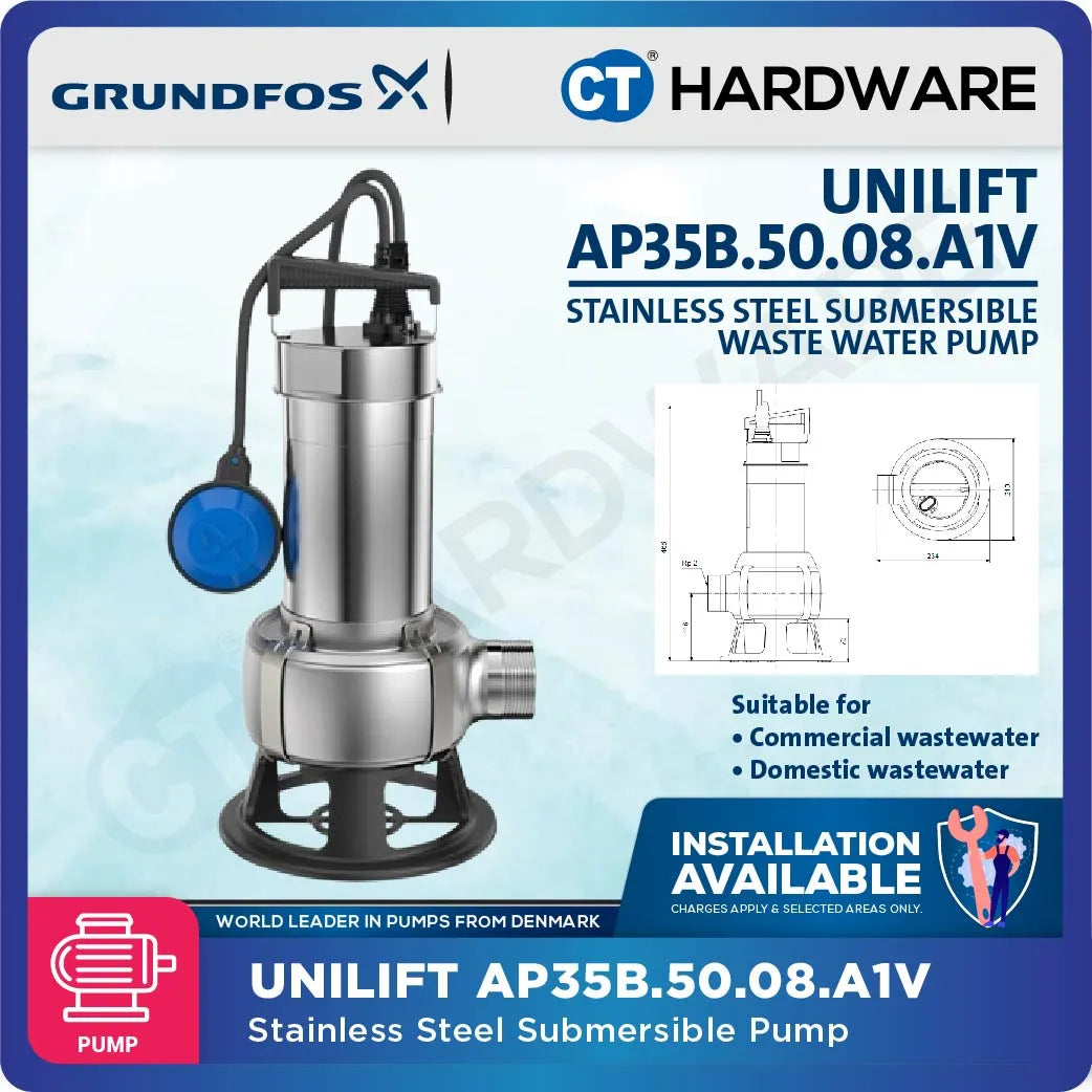 Grundfos UNILIFT AP35B5008A1 Stainless Steel Submersible Waste Water Pump with Float Switch 0.71kW