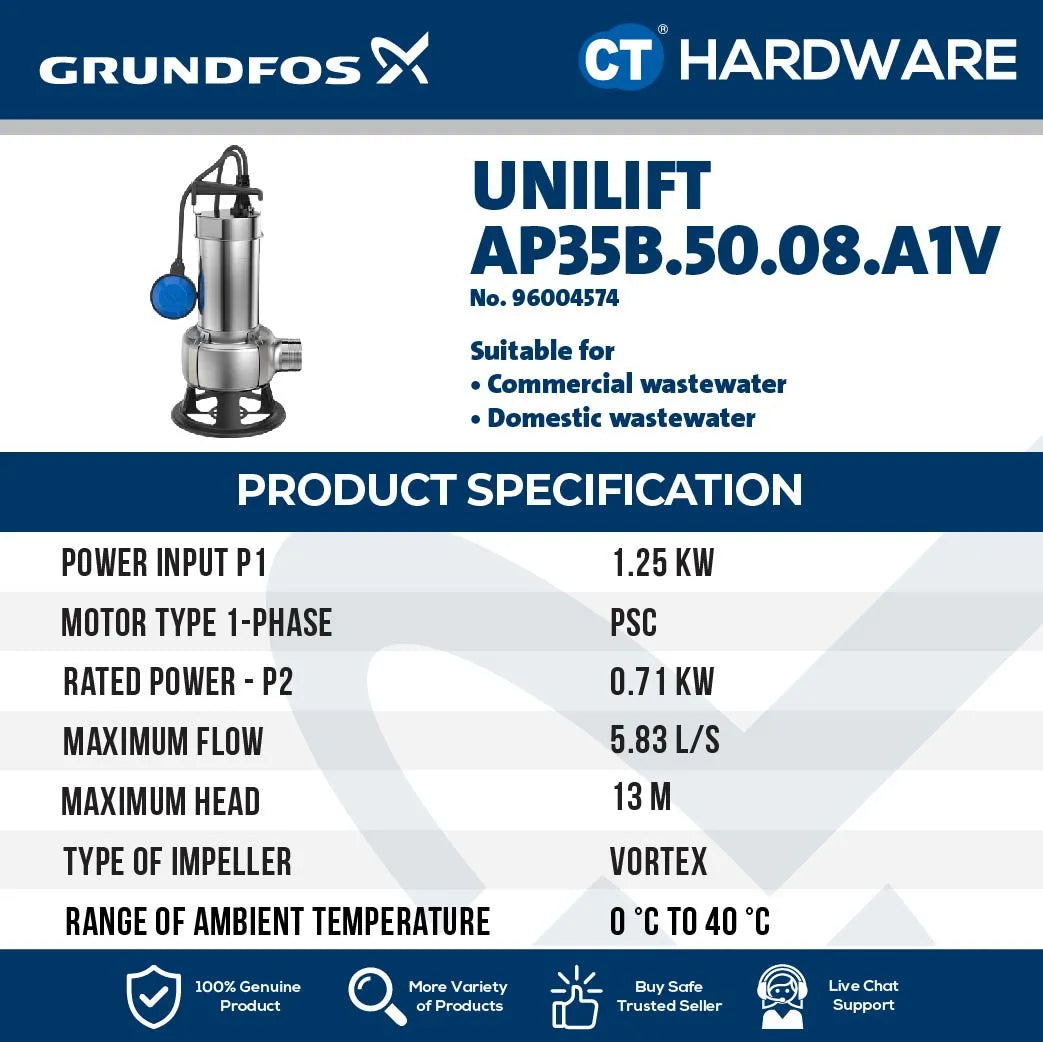 Grundfos UNILIFT AP35B5008A1 Stainless Steel Submersible Waste Water Pump with Float Switch 0.71kW