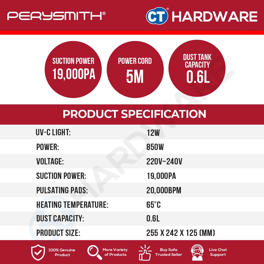 PerySmith V10 Pro Dust Mite Vacuum Cleaner 850W 19,000Pa