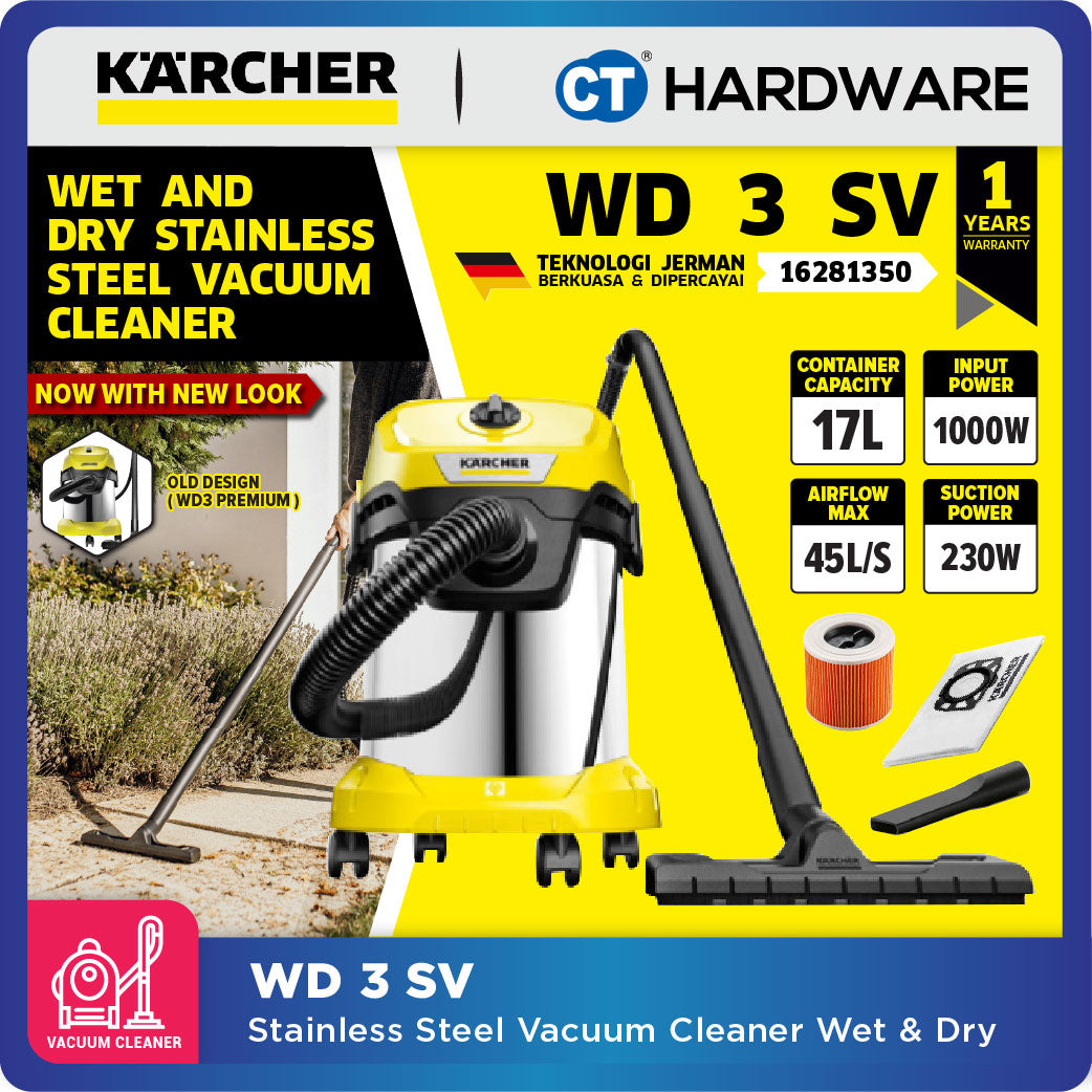 KARCHER WD3SV | WD3V | WD2 Wet & Dry Vacuum Cleaner 1000W | 17L | Stainless Steel Tank | High Suction Power Tech