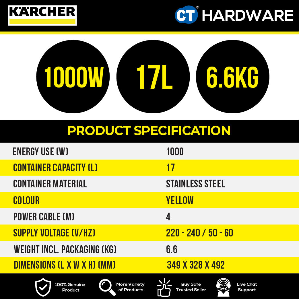 KARCHER WD3SV | WD3V | WD2 Wet & Dry Vacuum Cleaner 1000W | 17L | Stainless Steel Tank | High Suction Power Tech