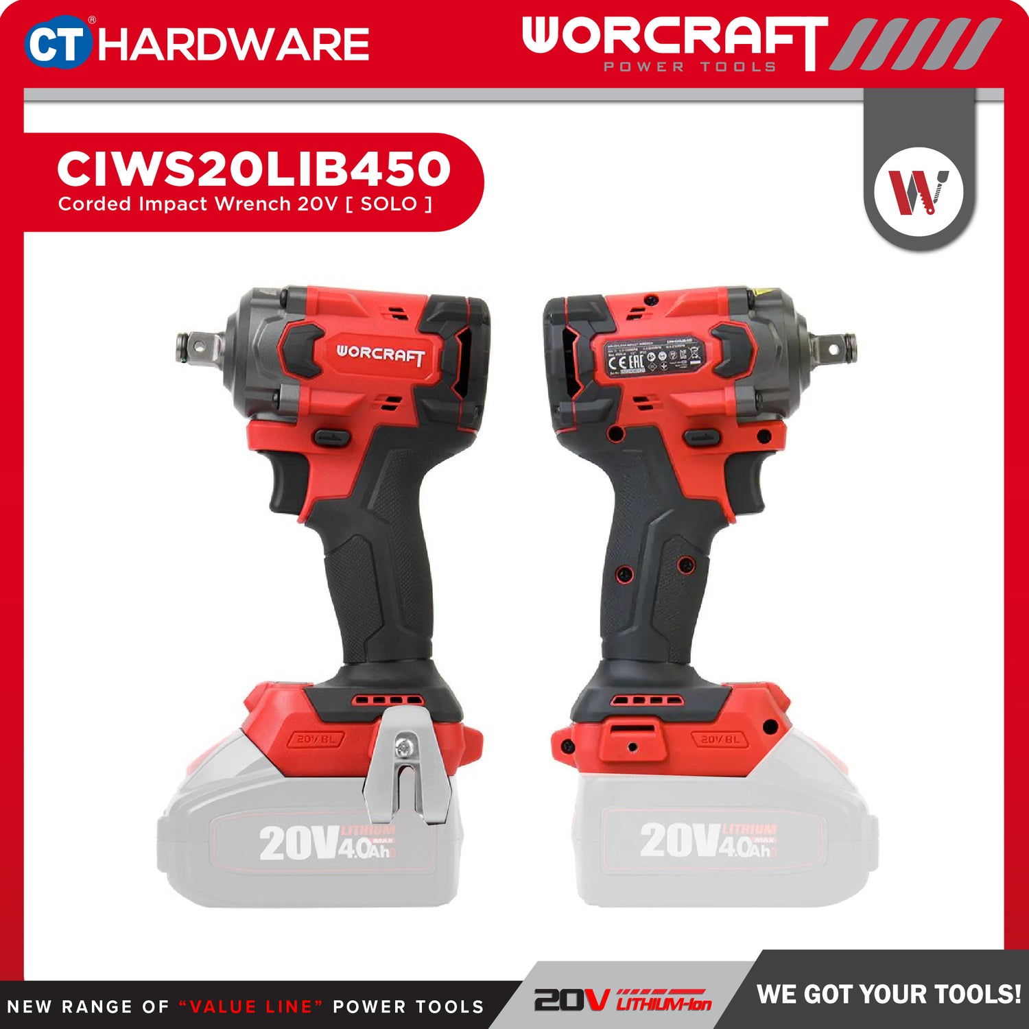 Worcraft XCUBE031 Cordless Brushless CIWS20LIB450 + CHDS20LIBA 20V | 100/260NM Come With 1x 2.0Ah & 4.0Ah Battery 2.0V & 1x Charger