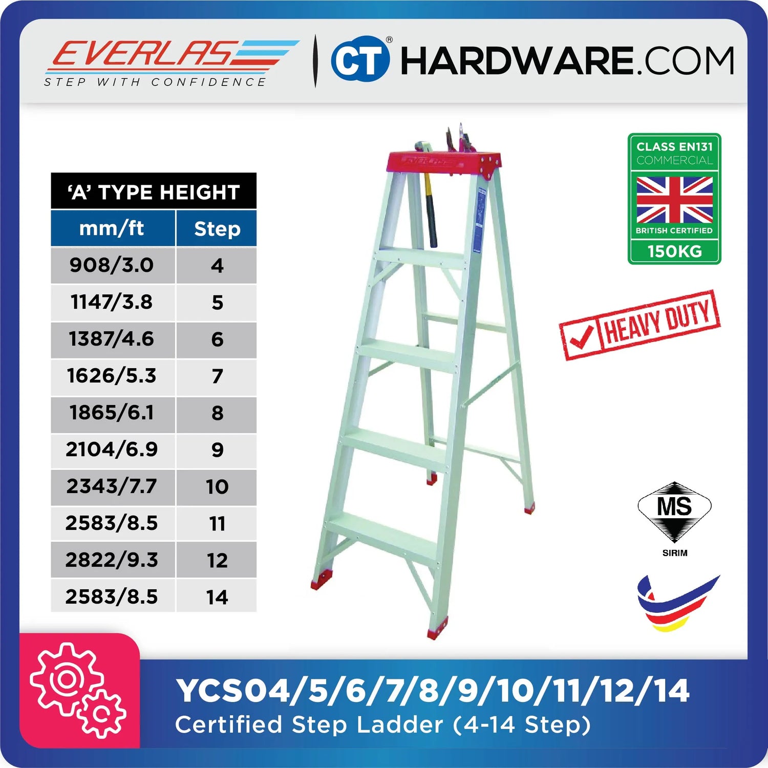 Everlas YCS Series Certified Heavy Duty Step Ladder 4 Steps - 12 Steps | 150kg Max Load | SIRIM