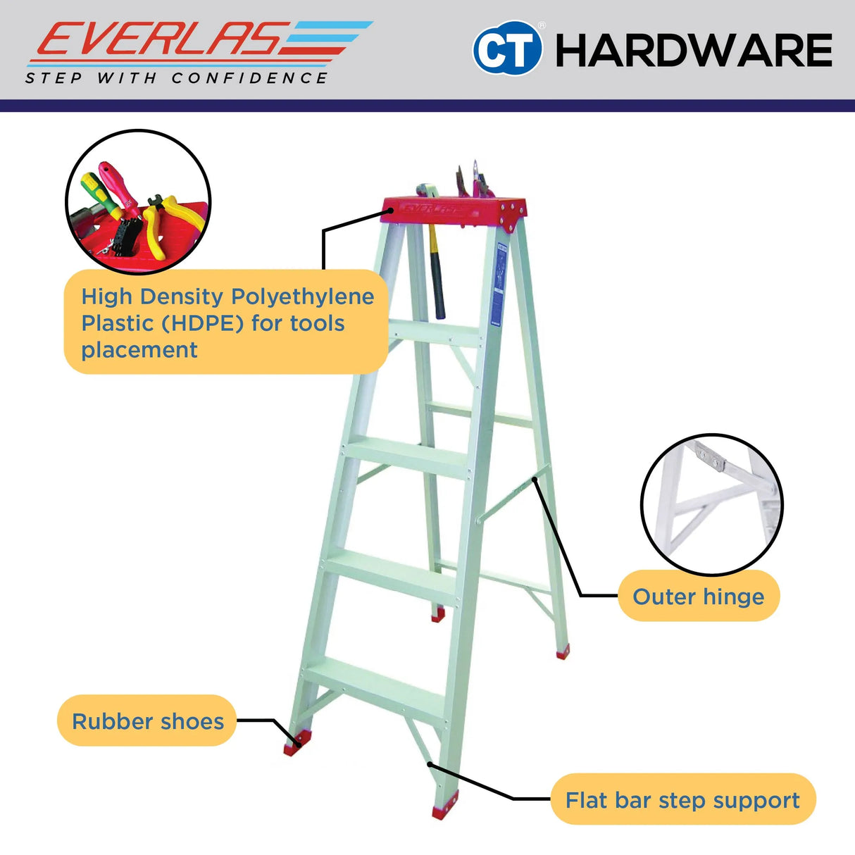 Everlas YCS Series Certified Heavy Duty Step Ladder 4 Steps - 12 Steps | 150kg Max Load | SIRIM
