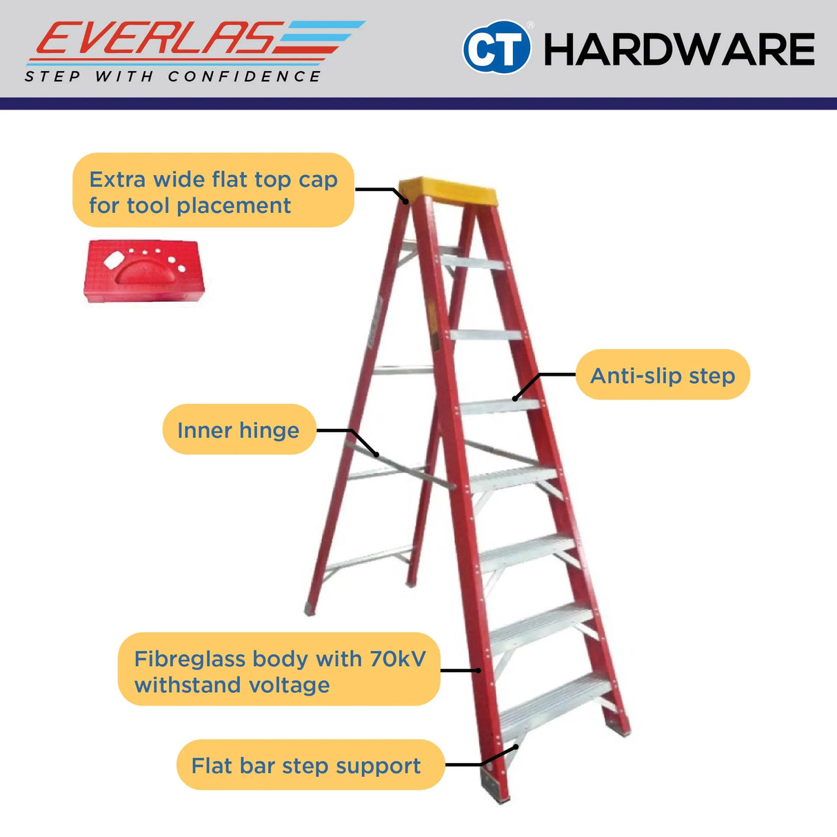 Everlas YFGSS Series Fibreglass Single Sided Step Ladder 150kg SIRIM