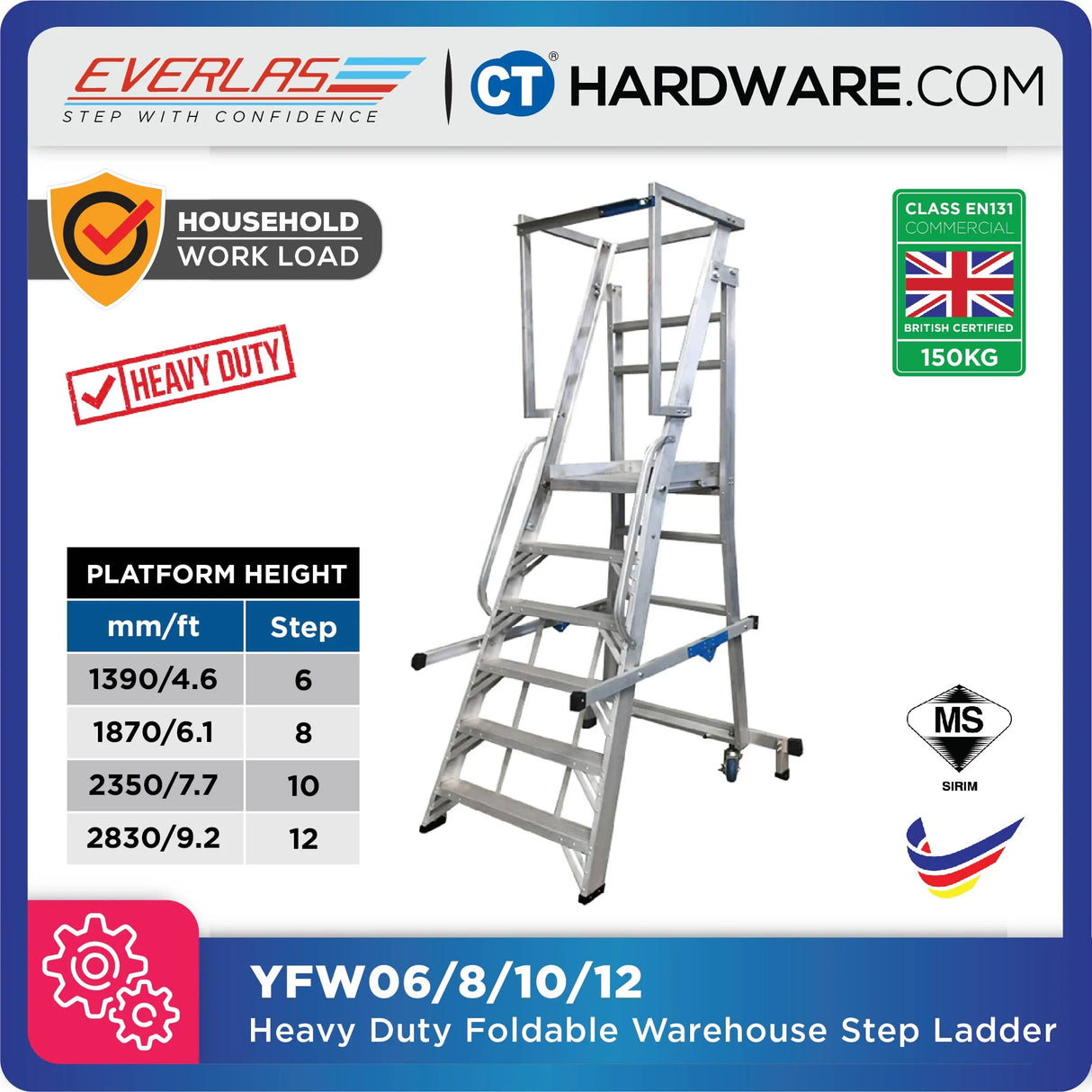 Everlas YFWS Series Heavy Duty Foldable Warehouse Step Ladder 150kg SIRIM