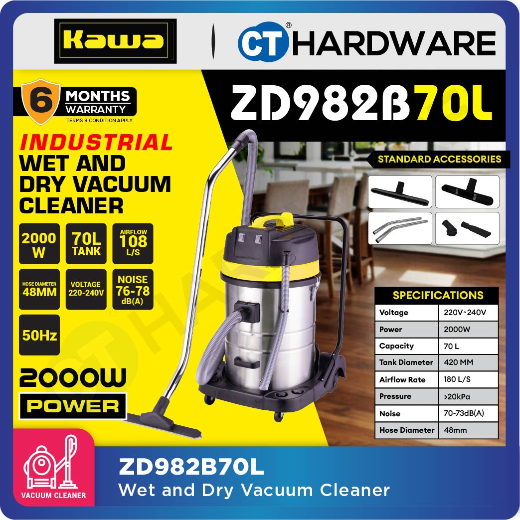 Kawa ZD98-2B-70L Heavy Duty Stainless Steel Wet & Dry 2-Motor Vacuum Cleaner 2000W 70L