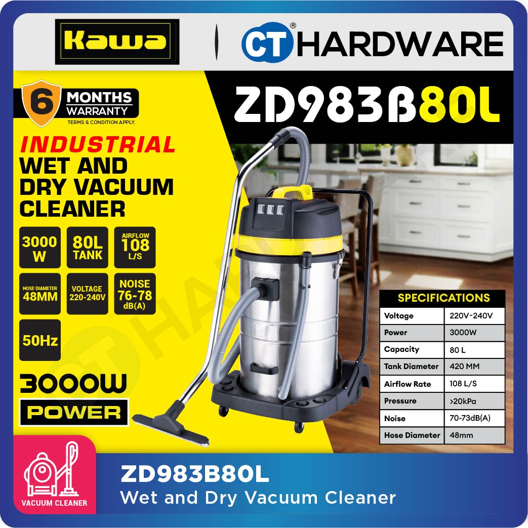 Kawa ZD98-3B-80L Heavy Duty Stainless Steel Wet & Dry 3-Motor Vacuum Cleaner 3000W 80L