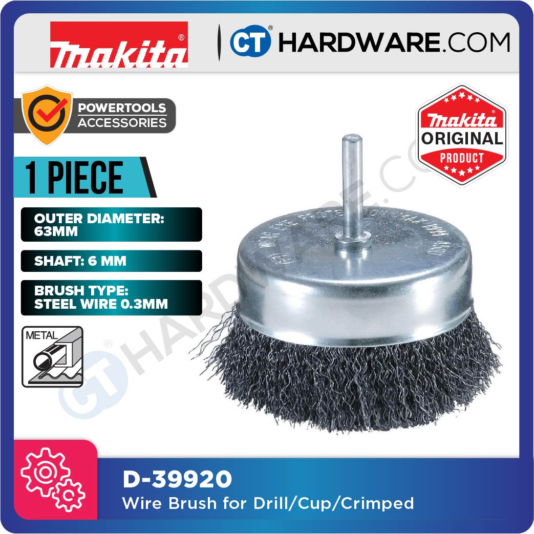 Makita D-39920 Wire Cup Brush For Drill/ Cup/ Crimped 0.3mm X 63mm Dia X 6mm Shaft