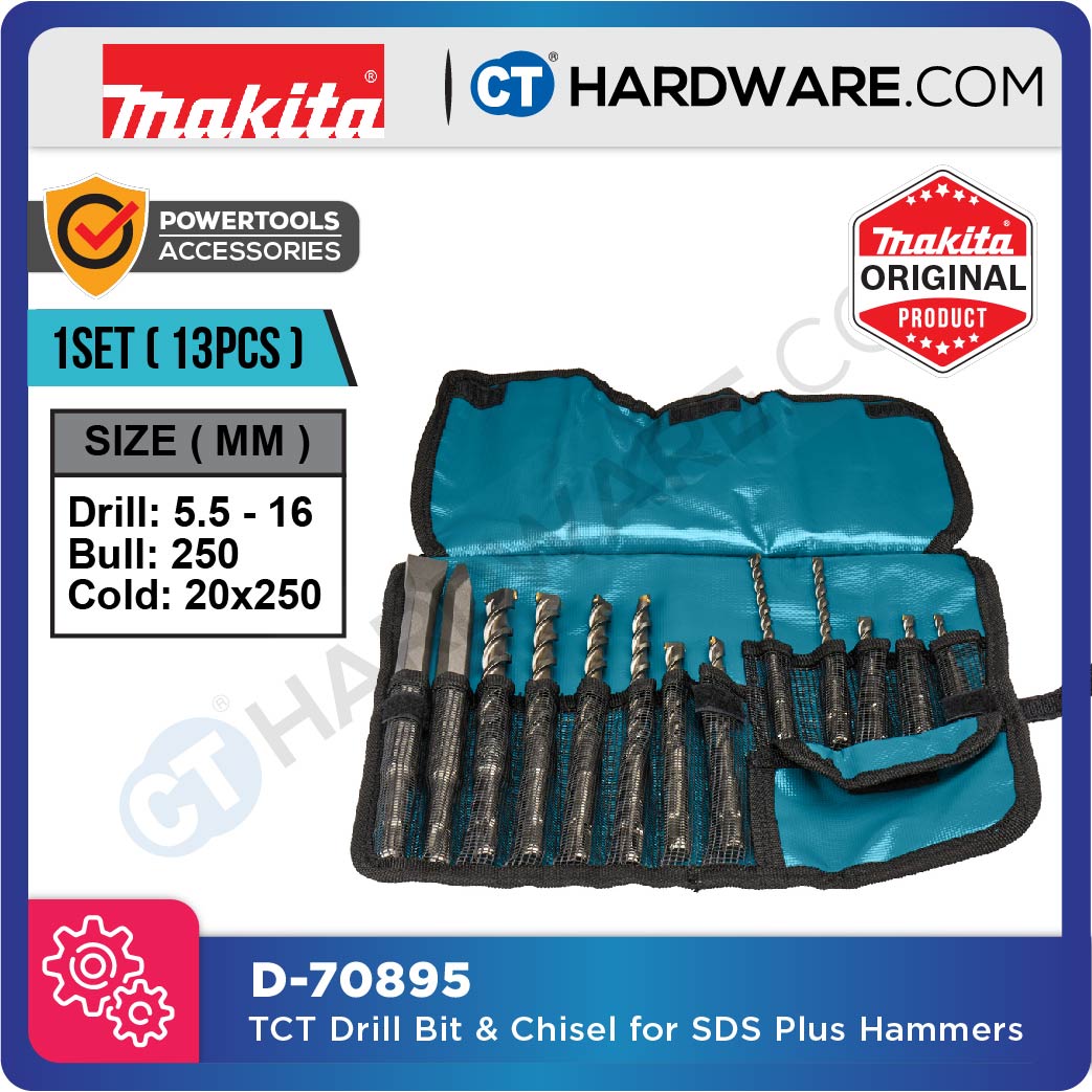 Makita D-70895 TCT Drill Bit & Chisel For SDS-Plus Hammers Assortment In Roll Up Pouch (13pcs Pack)
