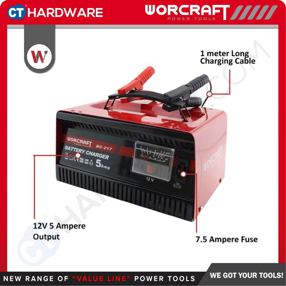 Worcraft BC-217 Battery Charger 12V 5A for 16-80Ah Batteries