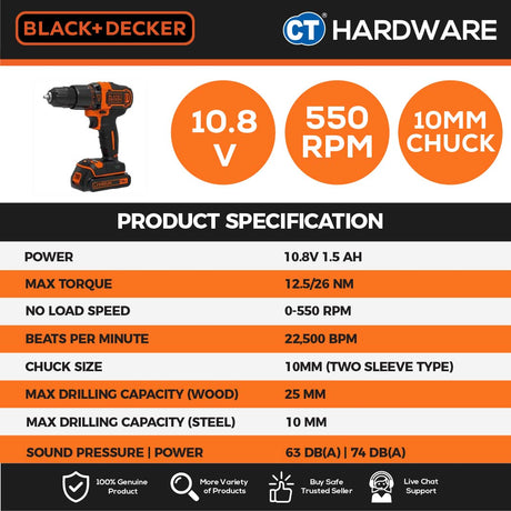 BLACK+DECKER BDCDD12K Ultra Compact Drill 10.8V 1.5AH Li-Ion 10MM 550RPM