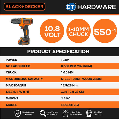 BLACK+DECKER BDCDD12PJ DRILL DRIVER WITH PROJECT KIT 10.8V LI-ION