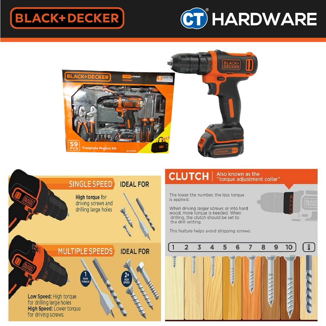 BLACK+DECKER BDCDD12PJ DRILL DRIVER WITH PROJECT KIT 10.8V LI-ION